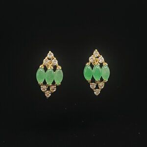 Dolphin Ore 18K GE Jade Earrings • NOS Vintage • Marquise Cabochons + Swarovski